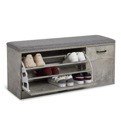 Image of Mondeer Shoe Bench, Wooden Storage Cabinet with Seat Soft Cushion Industrial Style for Hallway Entryway, 100 x 30 46 cm (Grey)