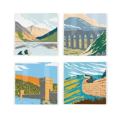Image of Northern National Parks Ceramic Coaster Set UK Landmarks/Landscapes Square of Four (4) Coasters Gift
