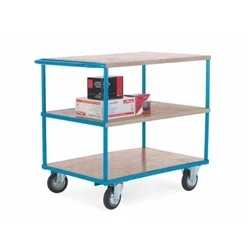 Image of Shelf Truck; 3 w Push Handle; Fixed/Swivel Castors; Blue/Veneer