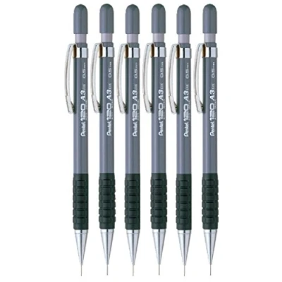 Image of Pentel 0.5mm (A315 A) Black 120 DX Automatic Mechanical Pencil Refillable Lead Capped Metal Clip Rubber Grip (Pack Of 6)