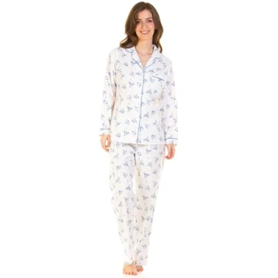 Image of Sue Marks Women&#039;s Long Sleeve Wincey Meadow Flannel Button Through Pyjama (UK 22/24, EU 50/52, Blue)