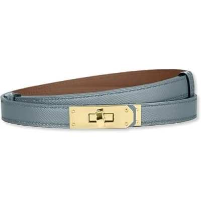 Image of baizhong Women Skinny Leather Belt Classic Solid Color Alloy Turn Lock Ladies Adjustable Slim Thin Waist （Light Blue/Gold）