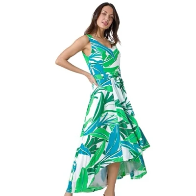 Image of Roman Womens Sleeveless Palm Print High Low Maxi Dress Green Size 12 UK