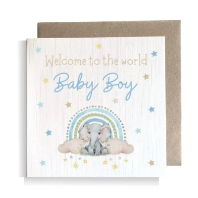 Image of Second Ave Baby Boy Newborn Congratulations Rainbow Elephant Square Card