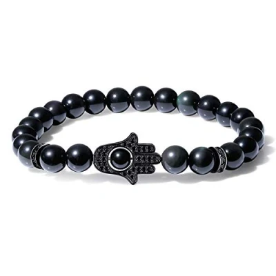 Image of COAI Hand of Hamsa Bracelet Black Obsidian Stone for Men Women