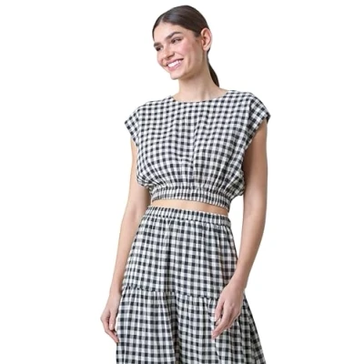 Image of Roman Originals Gingham Check Print Textured Top for Women UK Ladies Everyday Holiday Spring Summer Round Neckline Comfy Soft Evening Vacation Work Party Black Size 16