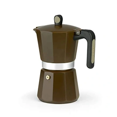 Image of Monix M671006 New Cream Aluminium Italian Coffee Maker, Capacity 6 Cups, Suitable for All Types of Cookers Including Induction, Brown