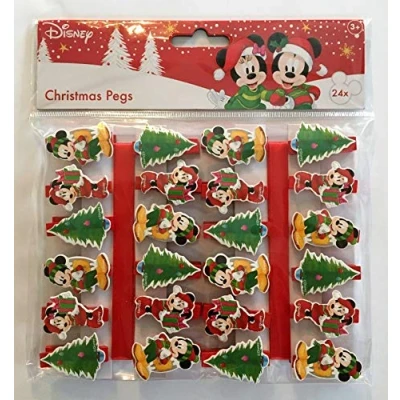 Image of Disney PMS Christmas Xmas Card Holder Pegs, Mickey &amp; Minnie Mouse Pack of 24 Pegs + Red Ribbon