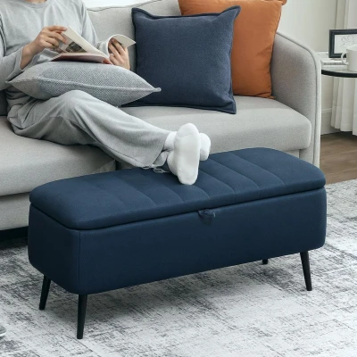Image of HOMCOM Storage Ottoman with Flip Top, Rectangular Upholstered Bench, Linen Feel Fabric Footstool Steel Legs for Living Room, Bedroom, Dark Blue