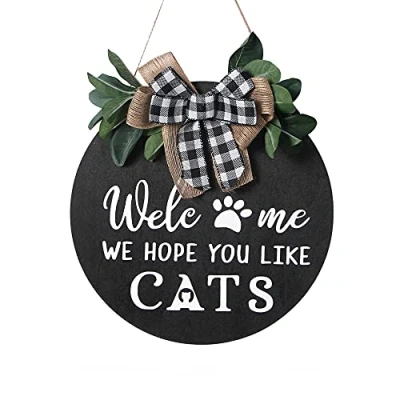 Image of Alnicov 11.8 Inch Welcome Sign,Welcome We Hope You Like Cats Wooden Wreath Sign Door Hanger for Christmas Housewarming Holiday Home Decoration