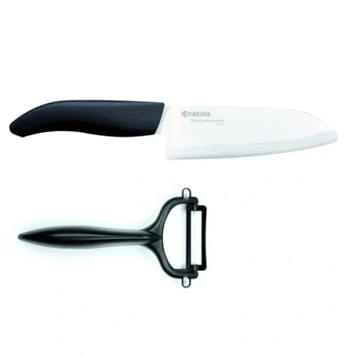 Image of KYOCERA Cut &amp; Peel Set White Blister Pack 14cm Santoku Knife Peeler