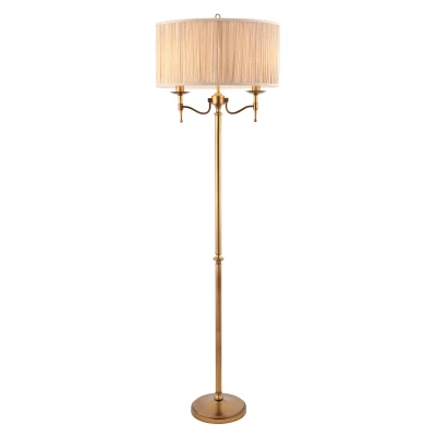 Image of Stanford 2 Light Floor Lamp Antique Brass with Beige Shade, E14
