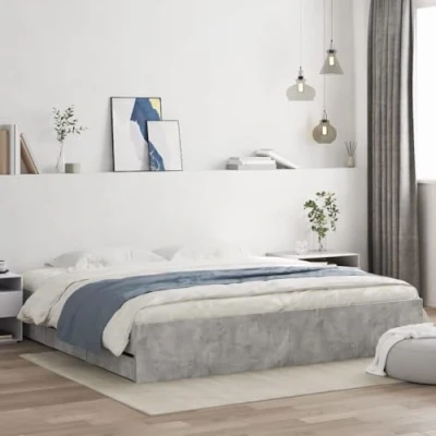 Image of vidaXL Engineered Wood Super King Bed Frame with Storage Drawers, Concrete Grey 203x183x33cm, Supportive Plywood Slats