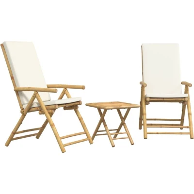 Image of vidaXL 3 Piece Folding Bistro set with Cream White Cushions Bamboo