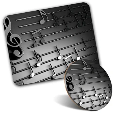 Image of Rectangle Mouse Mat &amp; Round Coaster Set 3D Musical Notes Music Teacher Student 20 cm 9 for Computer Laptop, Office, Gift, Non slip Base #14851