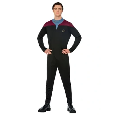Image of Smiffys Star Trek Voyager Command Uniform, Adults Jumpsuit, Delta Badge &amp; Rank Insignias, Official License Outfit with Zip Up Back, Halloween Fancy Dress Accessory