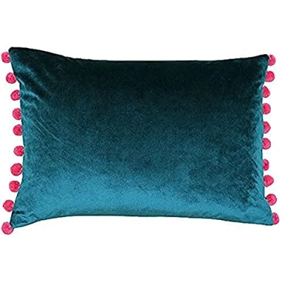 Image of Riva Paoletti Fiesta Rectangular Filled Cushion Blue Pink Pompom Edges Faux Velvet Fabric Discreet Zip Closure 100 Case (14&quot; x 20&quot; inches), Polyester, Teal/Berry, 35 50cm