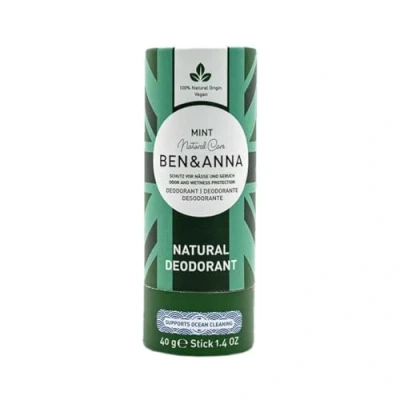 Image of BEN &amp; ANNA Mint Natural Deodorant Stick for Men and Women Vegan Cosmetics Sustainable in Papertube Against Heavy Sweating Aluminium free (40 g (Pack of 1), Mint)