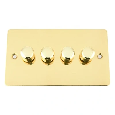 Image of Mains LED Light Dimmer Switch 250W 4 Gang 2 Way Polished Brass Flat Plate