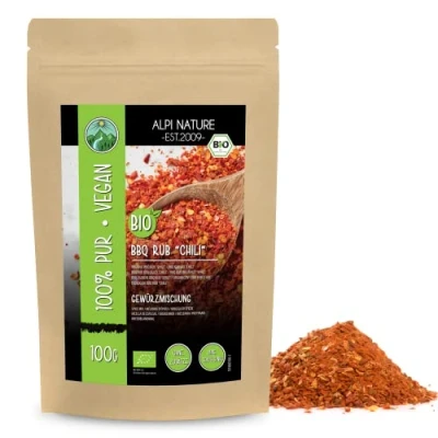 Image of organic BBQ Rub Chili flavor, spice mix for grilling, dry marinade, marinade grilling 100% natural, without artificial additives, ingredients (100 GR (3.5oz))