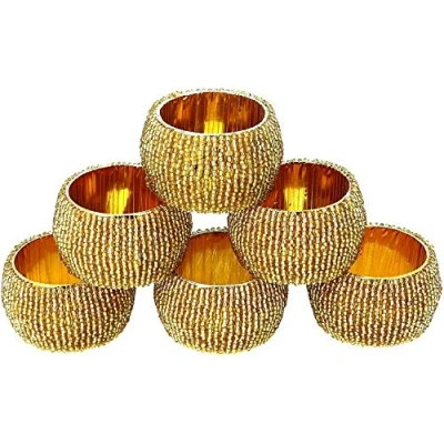 Image of YourKart Handmade Indian Beaded Napkin Rings for Christmas, Thanksgiving, Holiday Party, Dinner Party Holder Set of 6 (Gold)