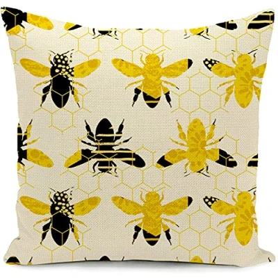 Image of KUNQIAN Bee Cushion Cover Yellow Pillow Linen honeycomb Decor for Home Livingroom Outdoor Couch Bed Sofa Decorate Throw Case Gift 18&quot;x18&quot;