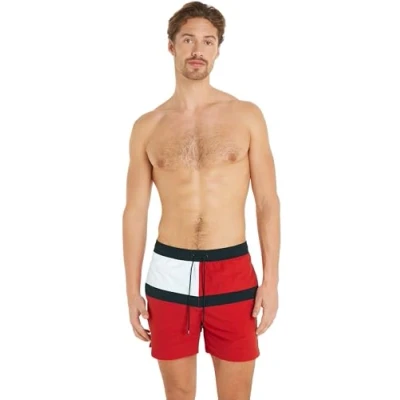 Image of Tommy Hilfiger Men Swim Trunks Medium Drawstring Mid Length, Red (Primary Red), M