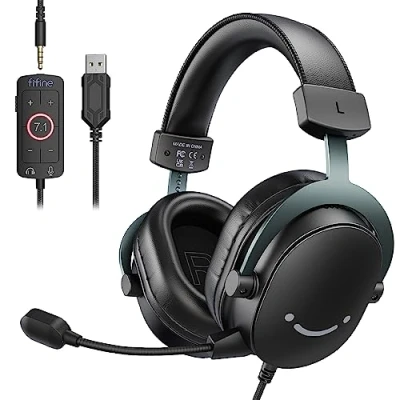 Image of FIFINE Gaming USB Headset with 3.5mm Audio Jack, PC Over Ear 7.1 Surround Sound, Detachable Microphone, Volume Control, Wired Headphones Black for PS5/PS4/Switch/XBOX controller H9