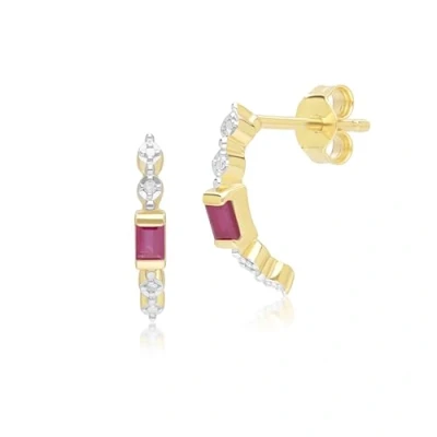 Image of Classic Baguette Ruby &amp; Diamond Half Eternity Hoop Earrings in 9ct Yellow Gold