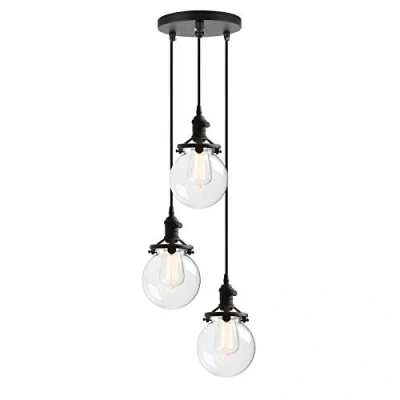 Image of Phansthy Vintage Industrial Pendant Lights with Switch 3 Chandelier Flush Mount Light Globe Glass Shade E27 Edison Hallway Fixtures Ceiling Hanging Lamps for Living Room (Black)