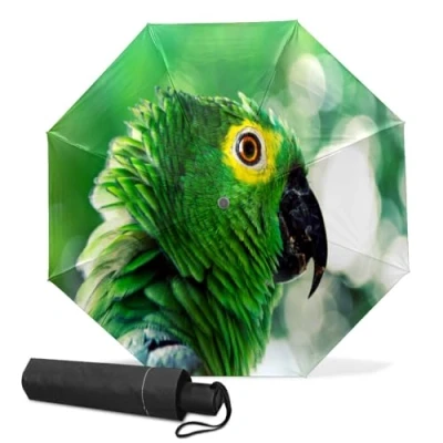 Image of GISPOG Automatic Folding Umbrella, Green Parrot Bird Waterproof Compact Sun and Rain Travel Umbrellas for Women &amp; Men