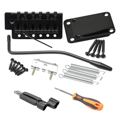 Image of Unxuey Electric Guitar Tremolo Bridge Bar Kit, 6 Strings System Set with Neck Plate Reinforce Board for Fender Strat Replacement, Black