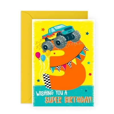 Image of Central 23 Three Years Old Boy Birthday Card 3 Monster Truck Cards Daughter Happy 3rd Gifts Son Nephew Grandson From Mum Dad Comes With Fun Stickers