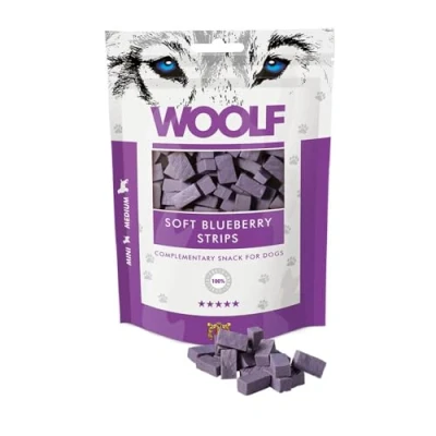 Image of WOOLF Soft Blueberry Strips with Chicken Complimentary Snacks for Dogs. Dog Treats All Natural Ingredients, High Meat Content, Balanced Nutrition, Free from Artificial Additives (100g)