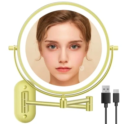 Image of Auxmir 8&quot; Lighted Wall mounted Makeup Mirror, 1X/10X Double sided Magnifying Mirror with Touch Control, 360 Swivel Extendable Bathroom Shaving Mirrror For Home, Hotel, Gold