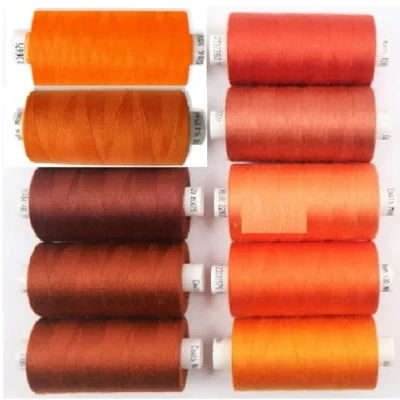 Image of Coats Moon Assorted Sewing Thread Box of 10 Reels x Polyester Over Locking 1000 Yards 120’s (Assorted Orange)