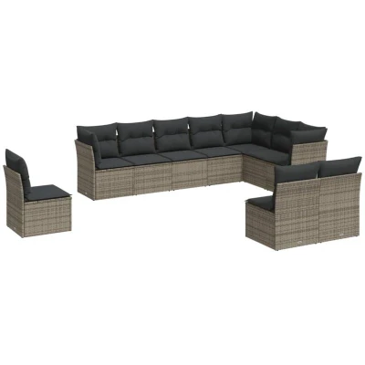 Image of vidaXL 10 Piece Garden Sofa Set with Cushions Grey Poly Rattan