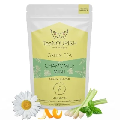 Image of TeaNOURISH Chamomile Mint Green Tea Darjeeling Loose Leaf Natural Sleep with Calming &amp; Relaxing Properties 50 Cups Hot or Iced 3.53oz/100g
