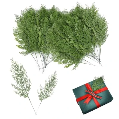 Image of RHQFDM 50 Pieces Artificial Fir Branches 34 cm Fake Green Plastic Plant Decoration for Weddings,Gardens,Office Decorations,Christmas Decorations