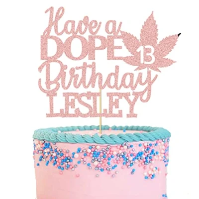 Image of GuteGifts Personalised Have a Dope Birthday Cake Topper Pot Leaf Green Weed Theme Party Decoration for Baby Shower Wedding Custom with Any Name &amp; Age Glitter Card (Rose gold)