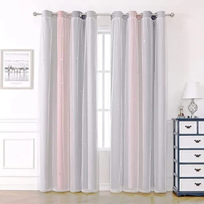 Image of Blackout Curtains for Living Room Bedroom Girls Nursery Kids Eyelet,Voile Net Windows,2 Panel 52 x 63 inch Drop Soundproof Thermal Black Out Pink Grey