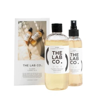 Image of The Lab Co. Sleep Care Kit. Non Bio Laundry Detergent Wash 300ml and Fabric Deodoriser Freshener Mist Spray 150ml for bedding, sleepwear pillows. Lavender &amp; Chamomile.