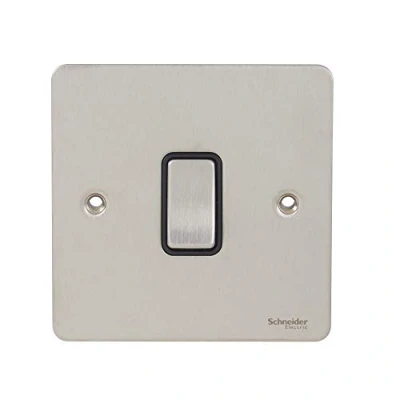 Image of Schneider Electric Ultimate Flat Plate Single 2 Way Light Switch, Intermediate, 16AX, GU1214BSS, Stainless Steel with Black Insert