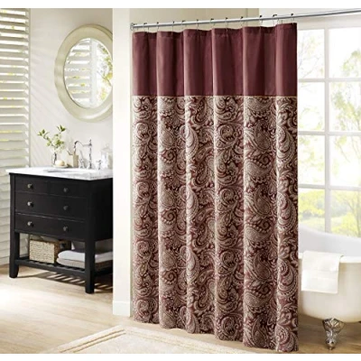Image of Madison Park Aubrey Design Stripe Top Modern Shower Curtain, Jacquard Traditional Curtains for Bathroom, 72 X 72, Burgundy