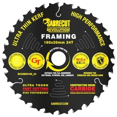 Image of 1 x SCCSN20160_24 SabreCut 160mm 24T 20mm Bore High Performance Ultra Thin Kerf Wood Plywood MDF Chipboard Framing Circular Saw Blade Compatible with Dewalt Makita Milwaukee and Many Others