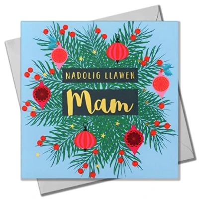 Image of Welsh Christmas Card, Mam Wreath and Baubles, text foiled in shiny gold