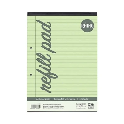 Image of RHINO A4 Refill Pad, Writing 100 Page / 8mm Lined with Margin, 1 Pack, Green Paper for Dyslexia &amp; SEN, Office School Stationery Supplies