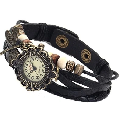 Image of Boolavard Dragonfly Quartz Fashion Weave Wrap Around Leather Bracelet Women Wrist Watch