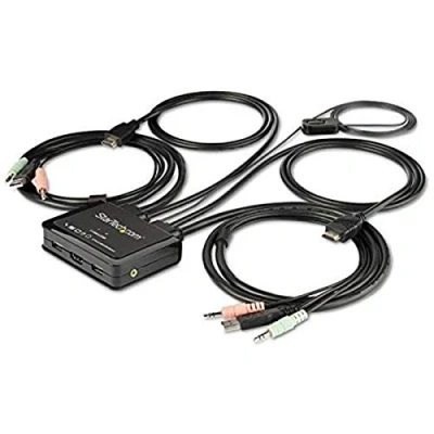Image of StarTech.com 2 Port HDMI KVM Switch 4K 60Hz Compact Dual UHD/Ultra HD USB Desktop w/Integrated 4ft Cables &amp; Audio Bus Powered Remote Switching MacBook ThinkPad (SV211HDUA4K)