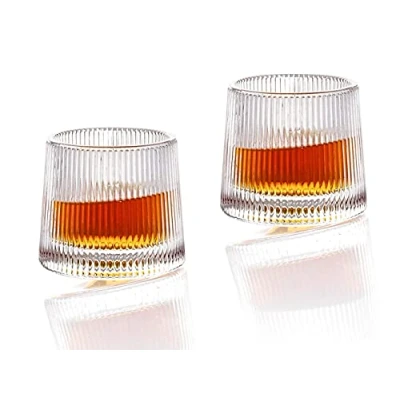 Image of Earnmore Whiskey Glasses Rotatable Decompression Old Fashioned Set of 2 Bar Style Glassware for Bourbon Scotch Rum (Vertical Texture, 5 oz)